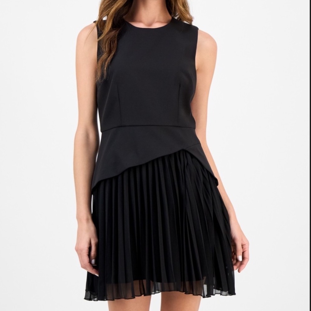 Sam Edelman Pleated Mini Dress 14 New Black Sleeveless Asymmetric Mixed Media